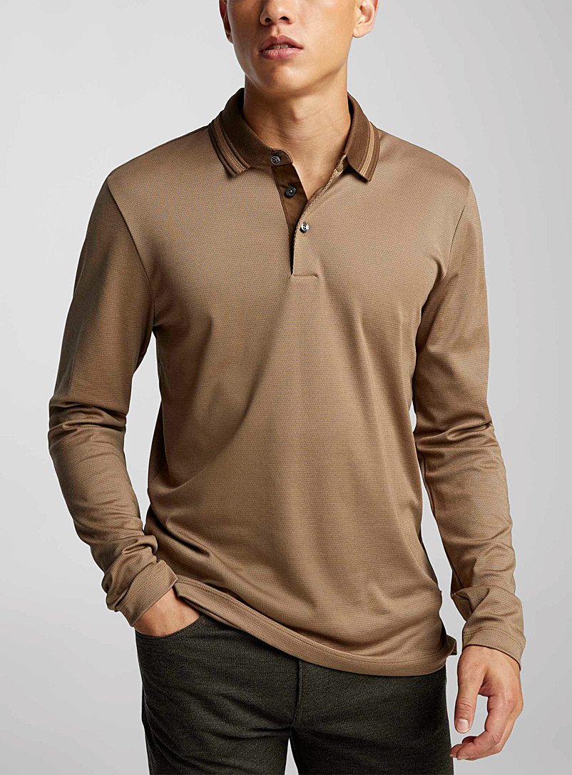 BOSS Light Brown Accent collar woven-style polo for men