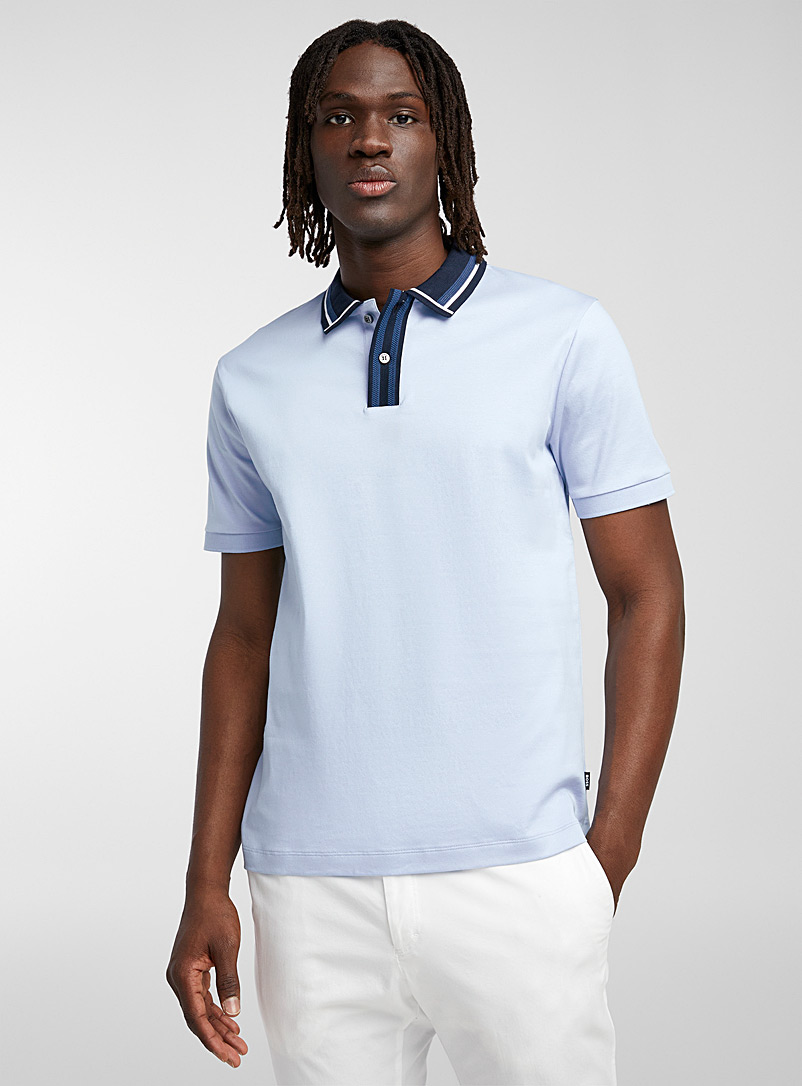 BOSS Baby Blue Accent collar mercerized cotton polo shirt for men