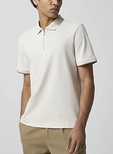 BOSS: Le polo col zipp&eacute; manches ray&eacute;es Blanc cass&eacute; pour homme