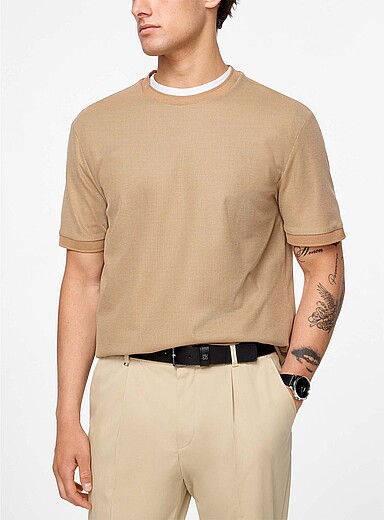 BOSS Ivory/Cream Beige Mercerized cotton t-shirt with contrast edges for men