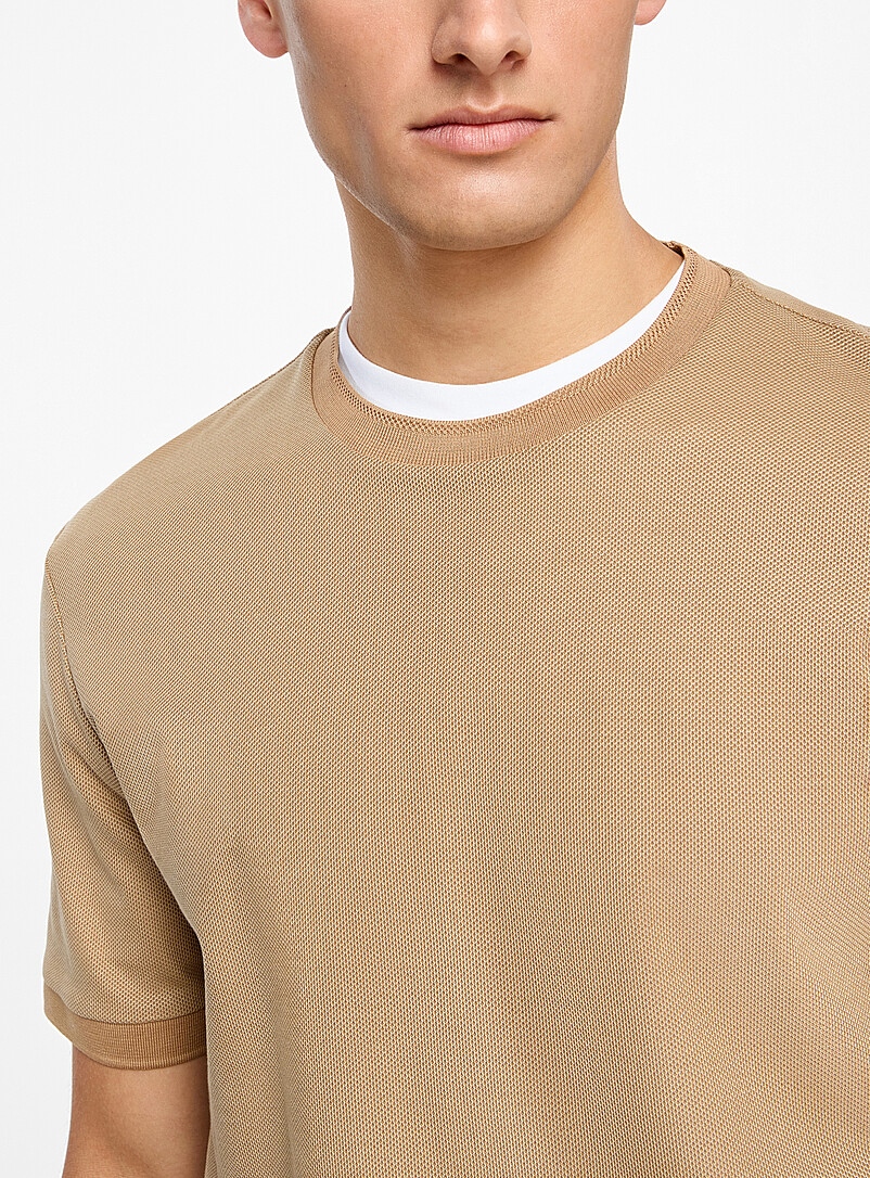 BOSS: Le t-shirt coton merceris&eacute; piqu&eacute; bords contraste Ivoire - Beige cr&egrave;me pour homme
