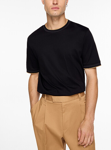 BOSS: Le t-shirt coton merceris&eacute; bordures ray&eacute;es Noir pour homme