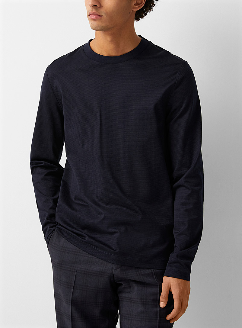 BOSS Marine Blue Checkered textured long-sleeve T-shirt for men