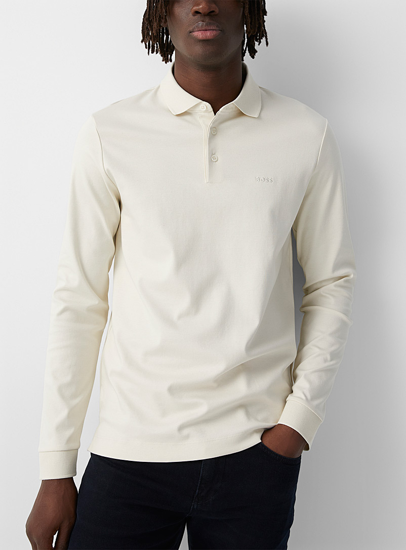 BOSS Cream Beige Tone-on-tone signature long-sleeved polo for men