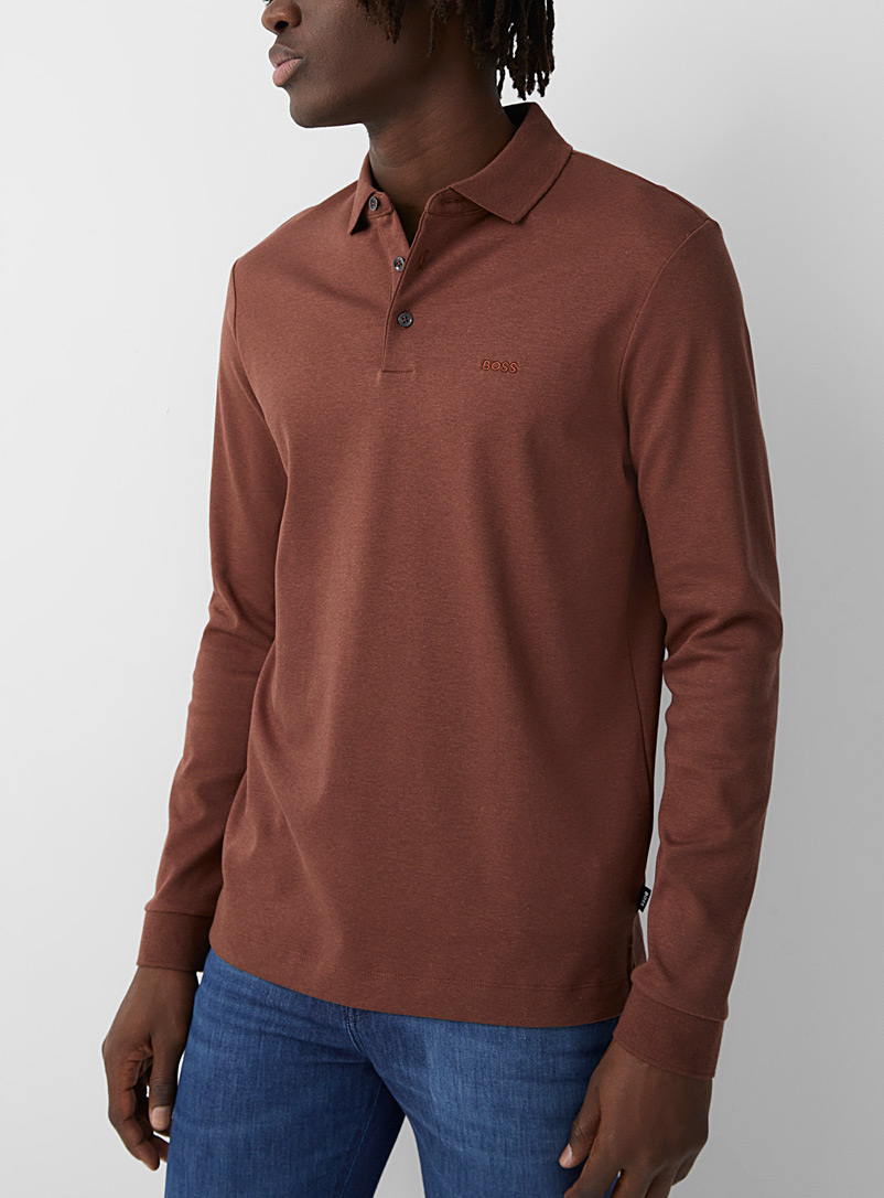 BOSS Brown Tone-on-tone signature long-sleeved polo for men