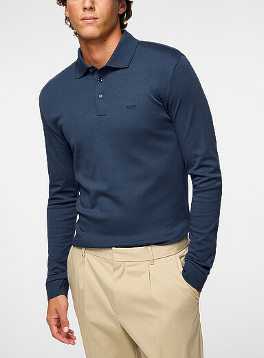 BOSS: Le polo manches longues logo brod&eacute; Bleu pour homme