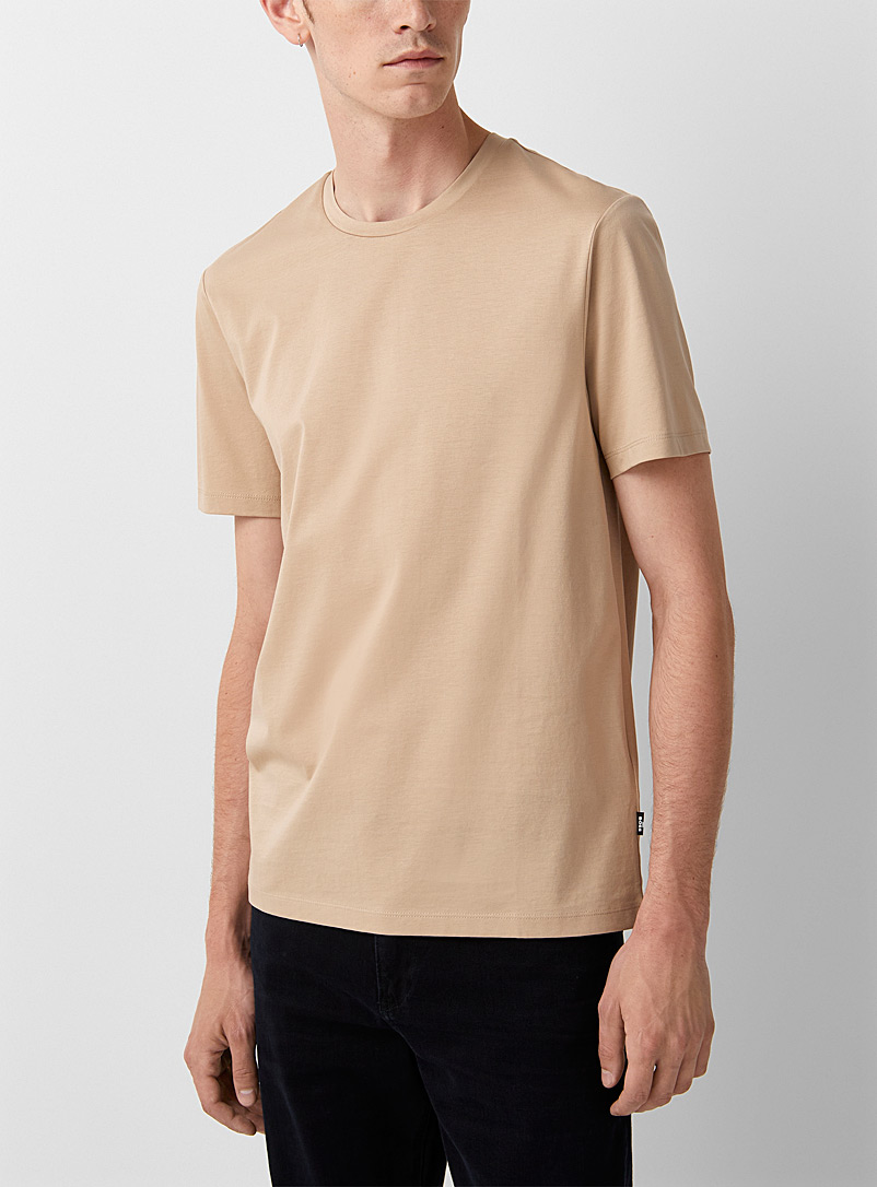 BOSS Cream Beige Mercerized cotton fitted T-shirt for men
