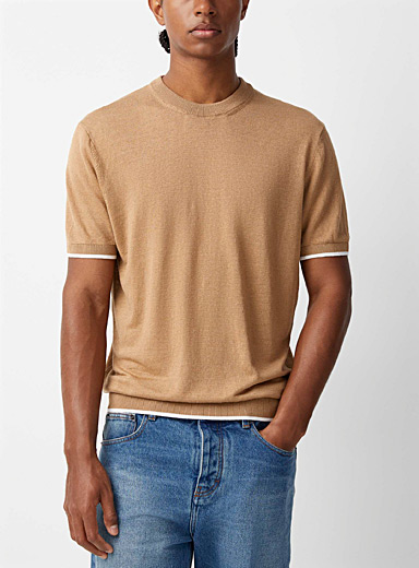BOSS Cream Beige Accent-piped short sleeve sweater for men