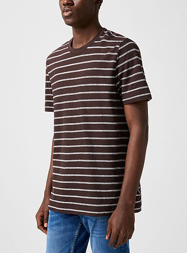 BOSS: Le t-shirt ray&eacute; coton lin Brun &agrave; motifs pour homme