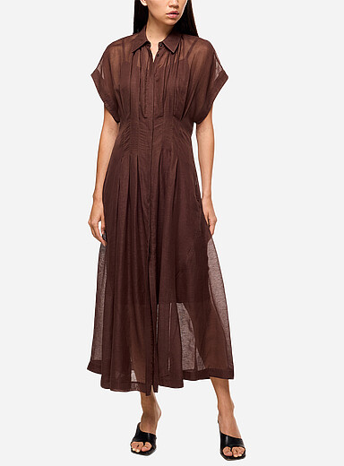 BOSS Chocolate/Espresso Sheer pleated linen shirtdress for women
