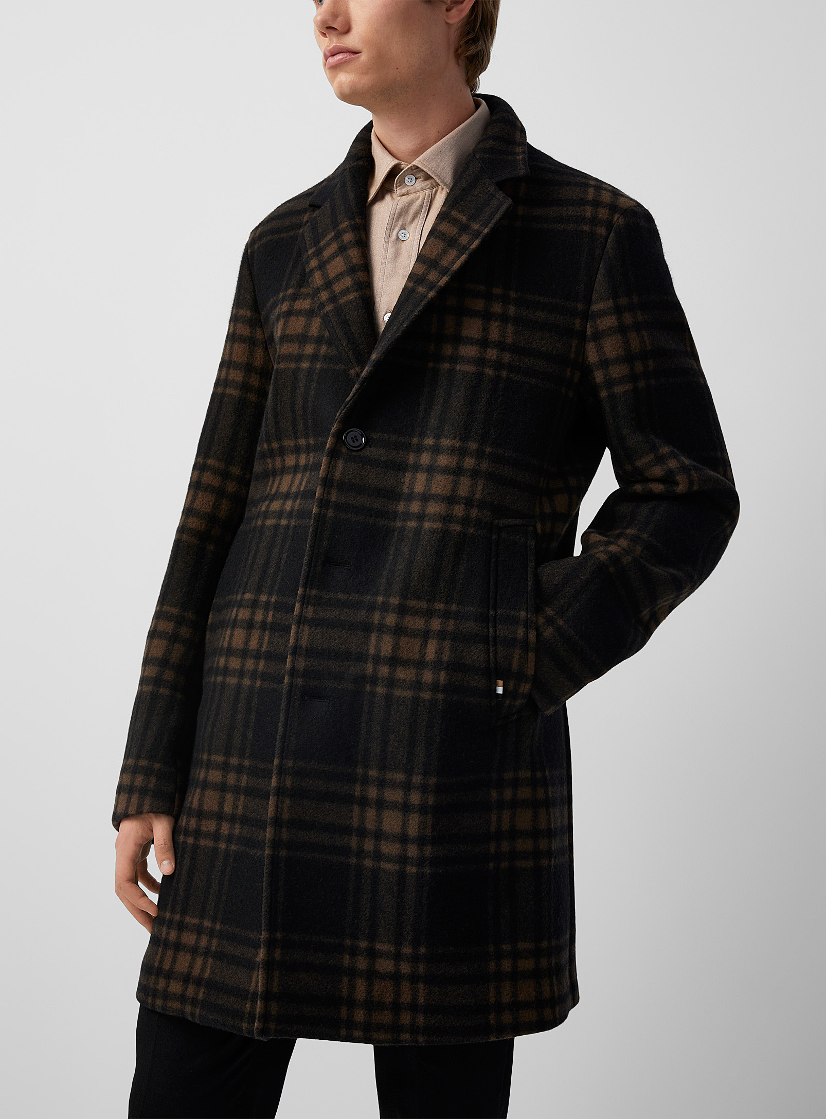 Hugo Boss Checkered Wool Overcoat In Light Brown