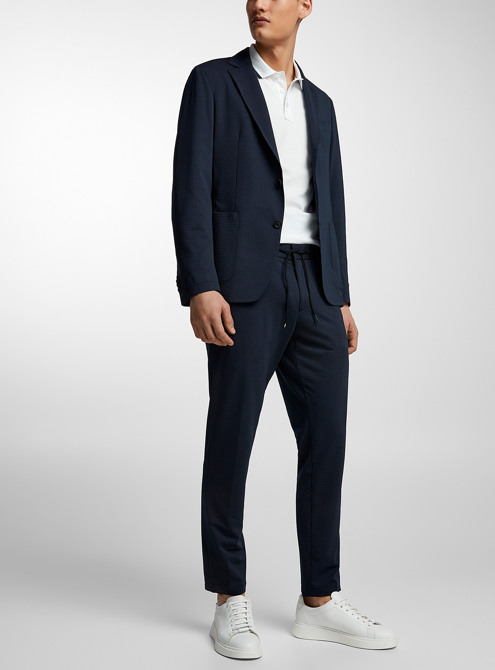 Hugo Boss Slim-fit Jacket In Performance-stretch Seersucker In Dark Blue