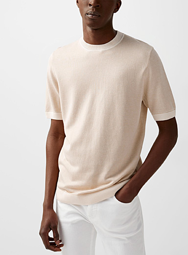 Silky accent-piped short sleeve sweater 