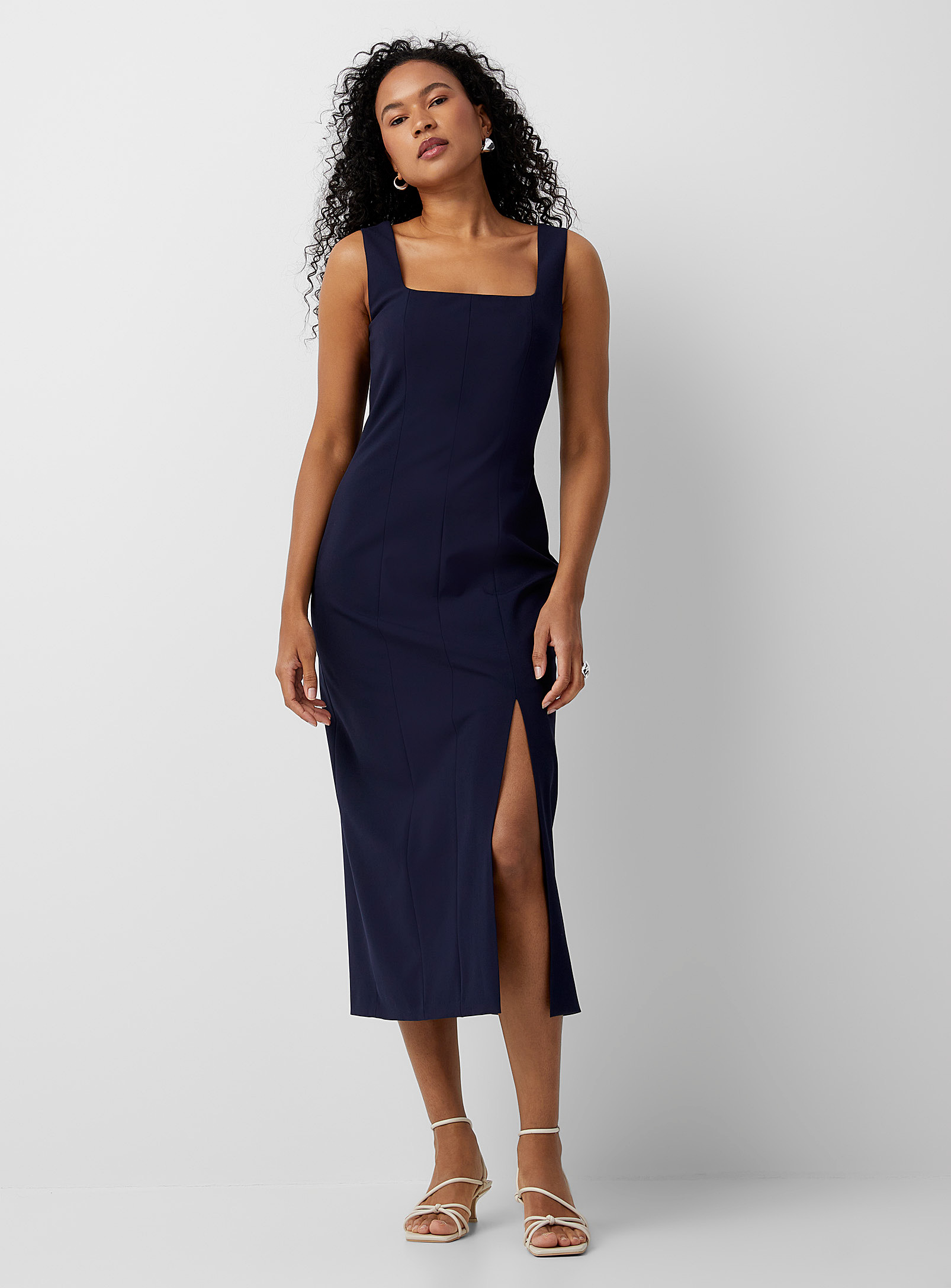 Shop Hugo Boss Dineza Square-neck Fitted Dress In Navy/midnight Blue