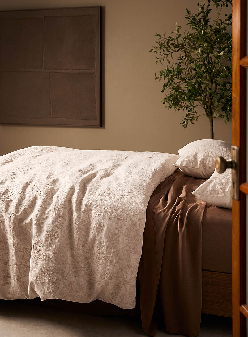 Embossed Flowers Ivory Cotton-Linen Blend Duvet Cover Set