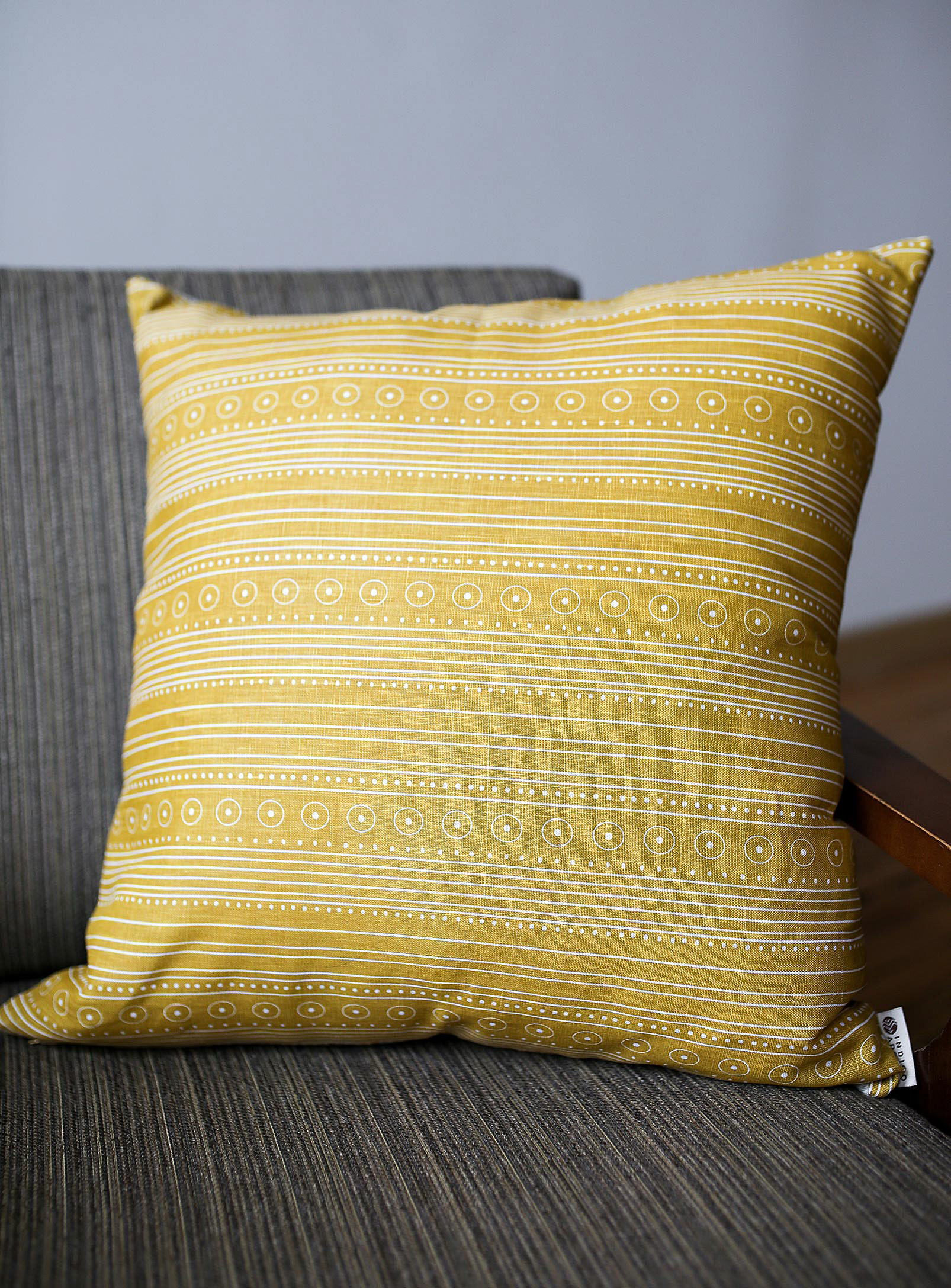 Indigo Arrows Bezhig Pure Linen Cushion 51 X 51 Cm In Yellow