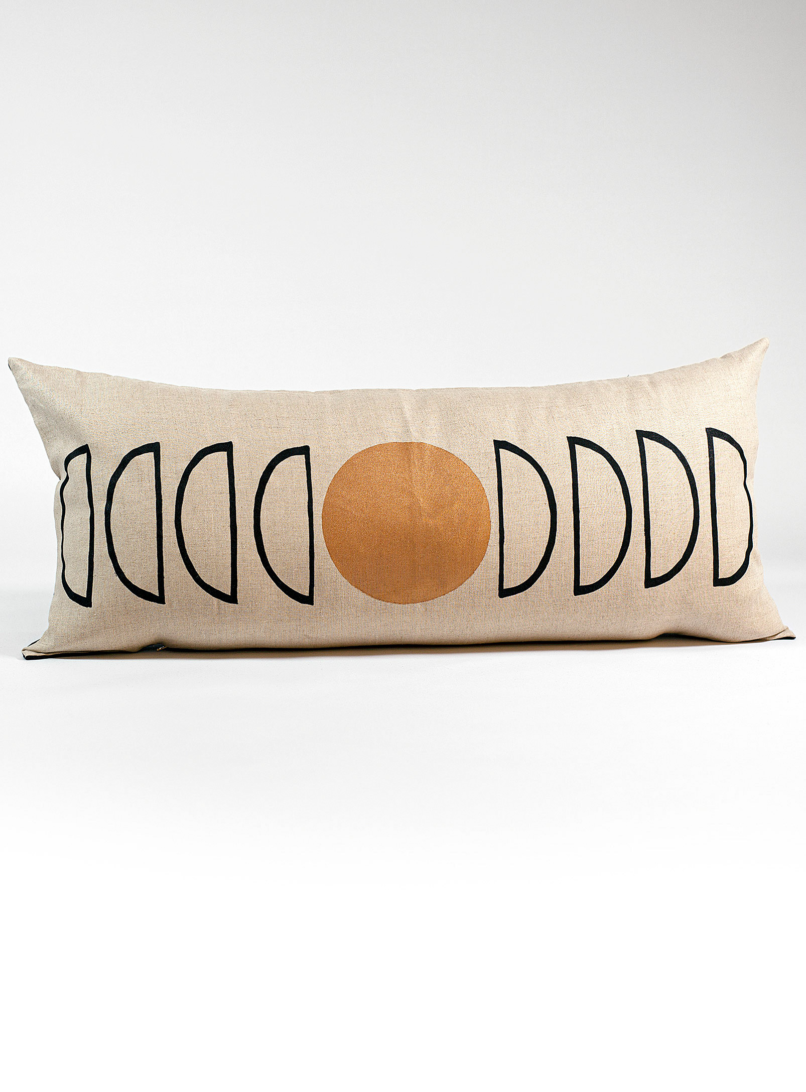 Indigo Arrows - Copper moon pure linen lumbar cushion 38 x 86.5 cm