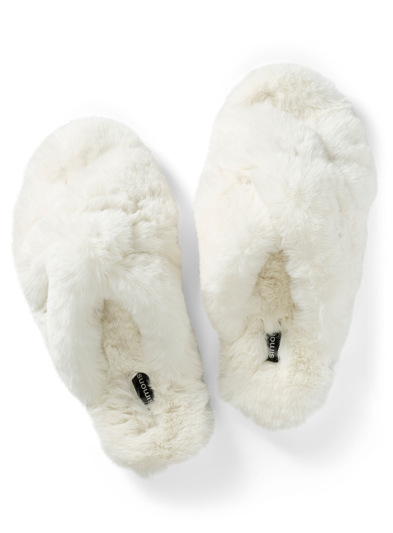 Miiyu Ivory White Plush crisscross slide slippers for women