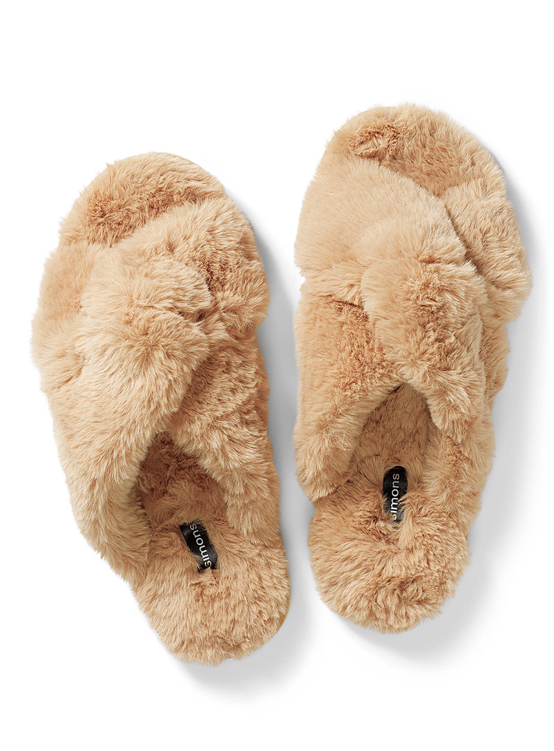Miiyu Tan Plush crisscross slide slippers for women