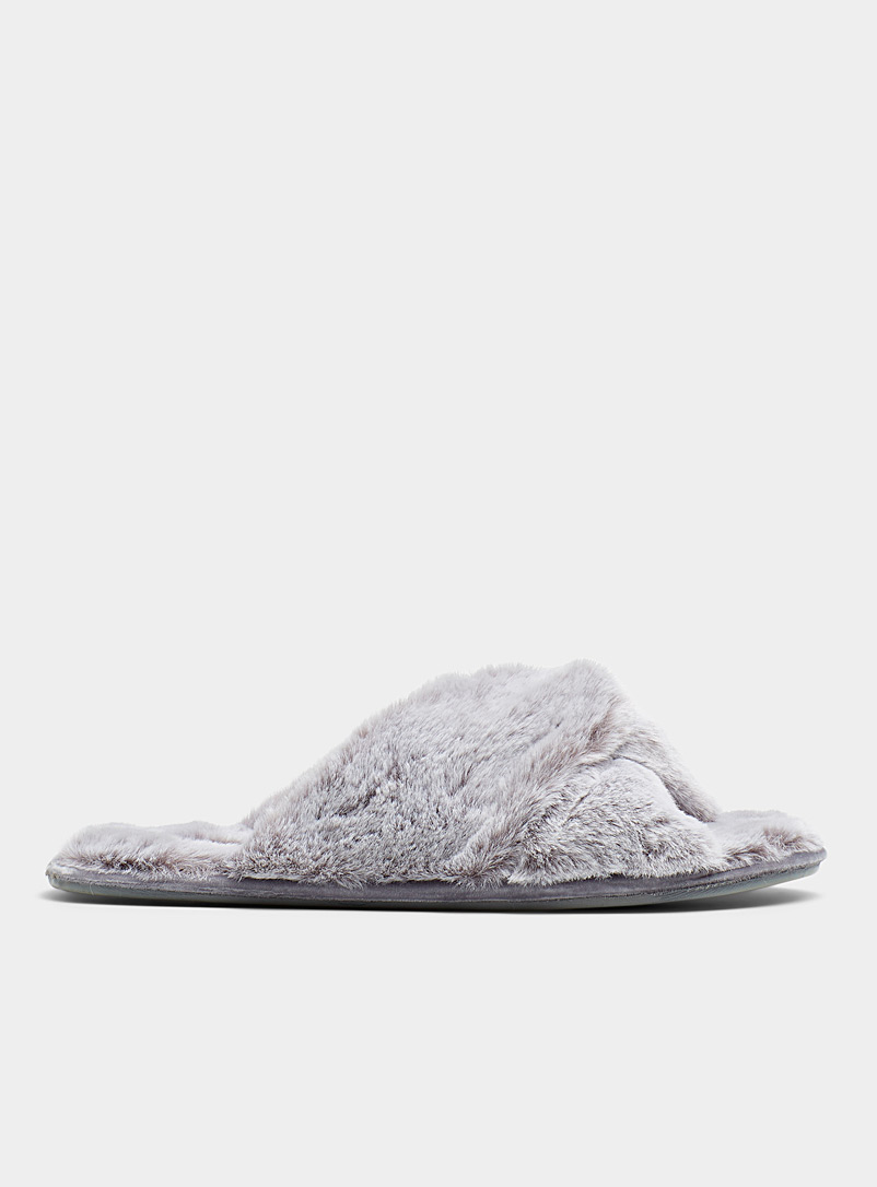 Miiyu Light Grey Plush crisscross slide slippers for women