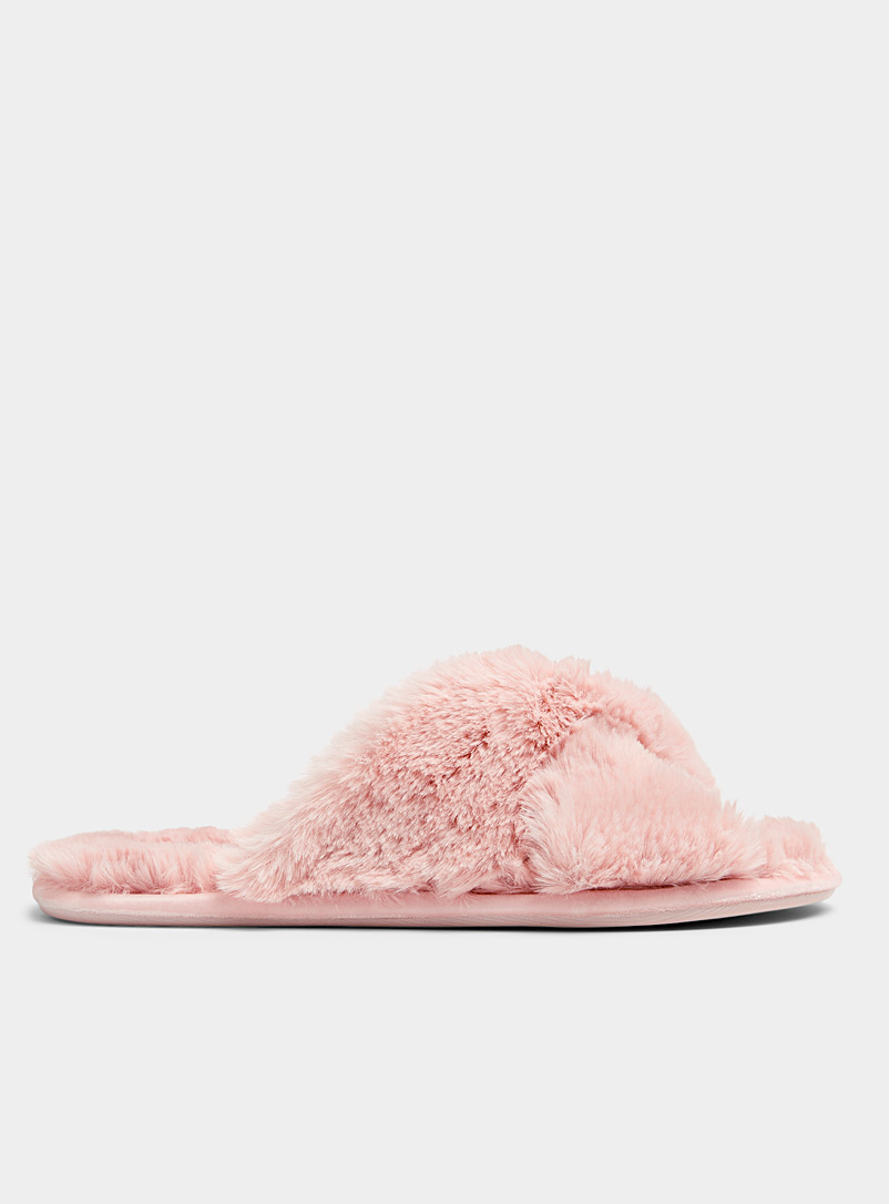 Miiyu Pink Plush crisscross slide slippers for women