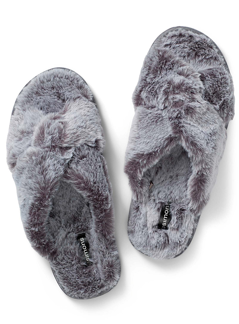 Miiyu Grey Faux-fur crisscross slides for women
