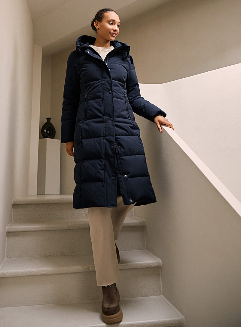 Contemporaine Marine Blue Long hooded puffer jacket for women