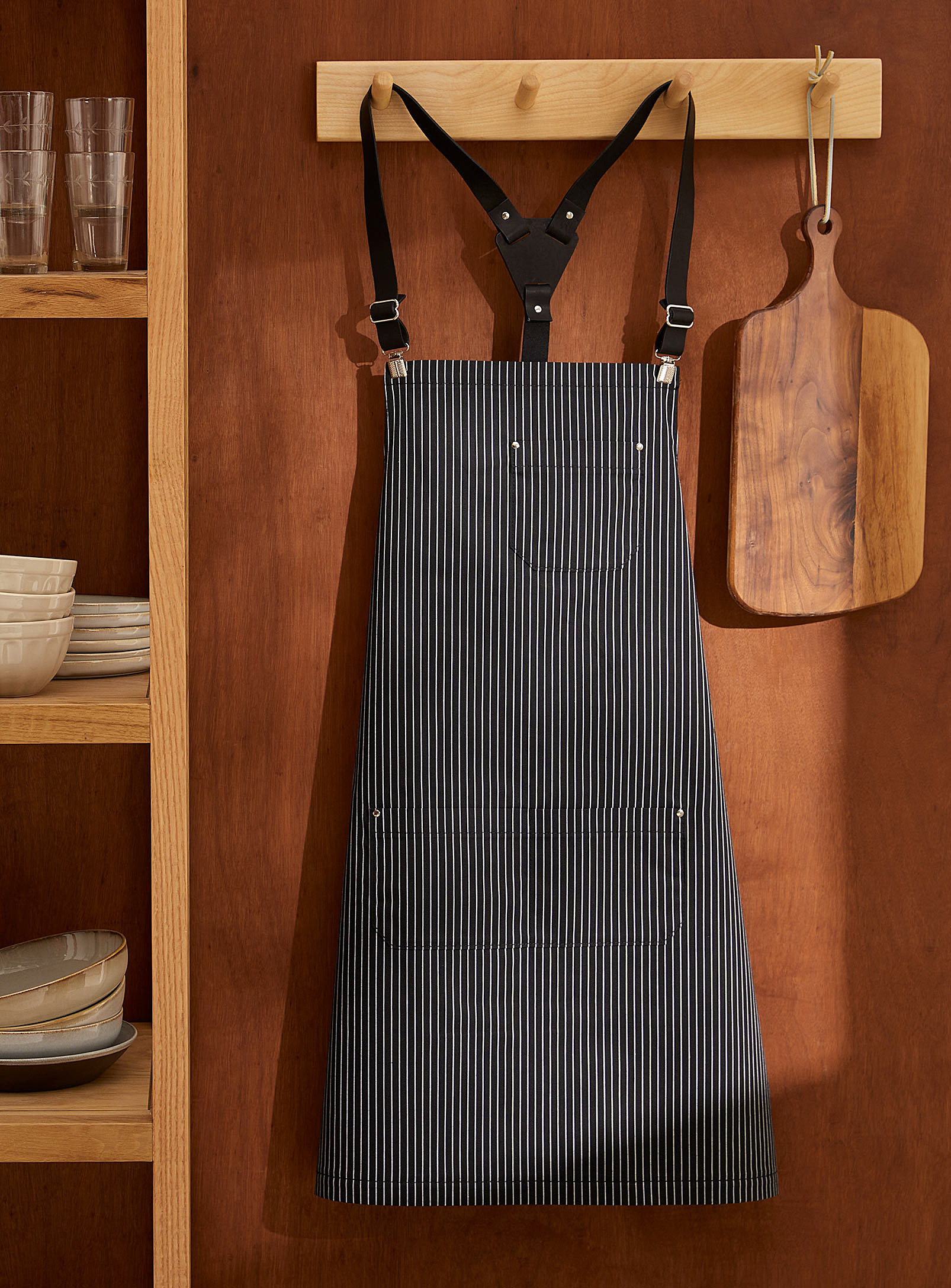 Atelier Chalet Pinstripe Leather And Cotton Apron In Marine Blue