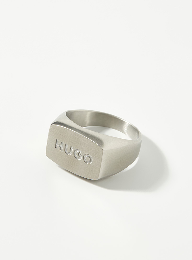 HUGO Silver Embossed logo signet ring for men