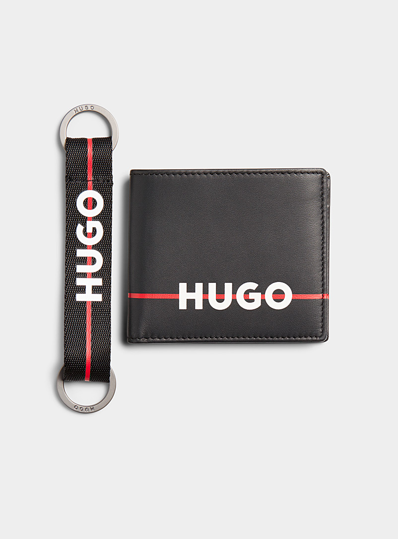 HUGO Black Leather wallet and keychain set for men