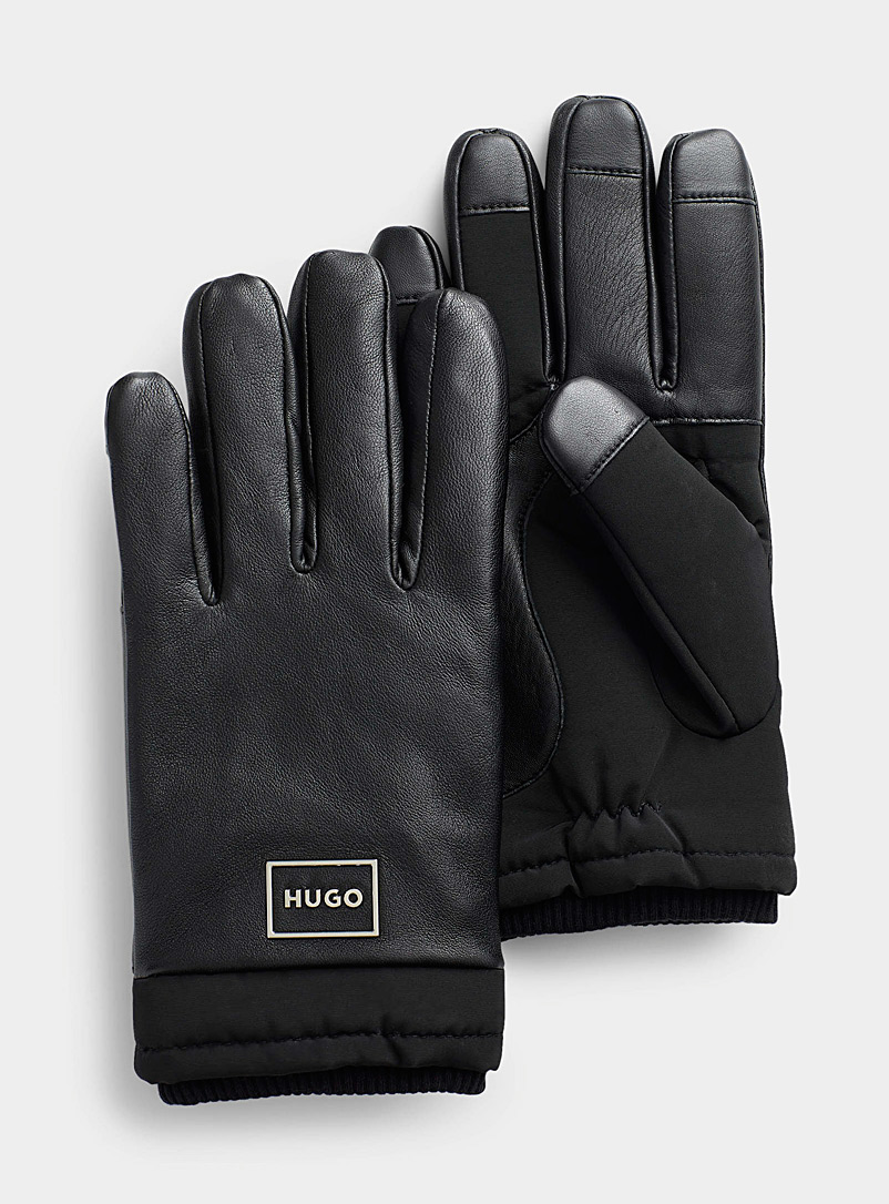 HUGO Black Metallic logo mixed-media gloves for men