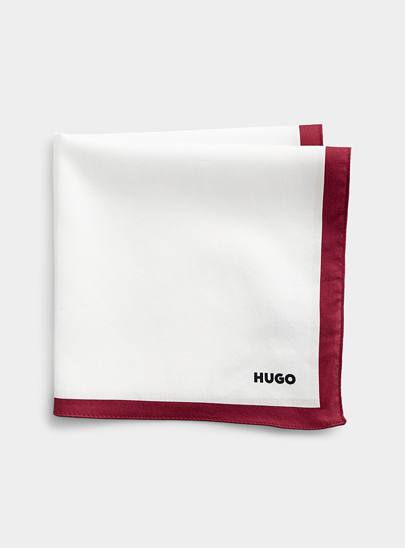 HUGO Raspberry/Cherry Red Colourful border white pocket square for men