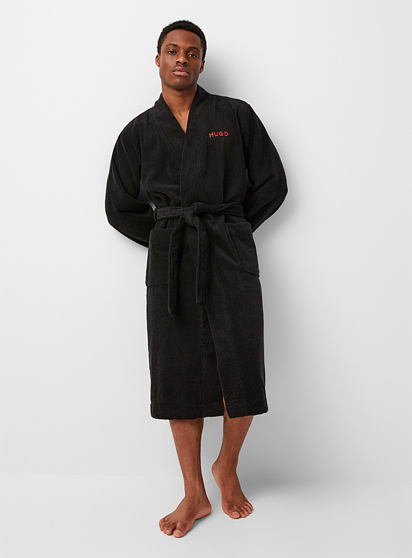 HUGO Black Red logo terry robe for men