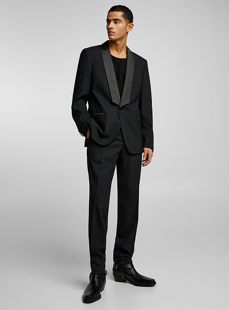 HUGO Black Satiny-shawl-collar textured tuxedo suit for men