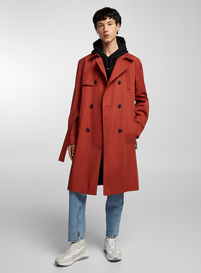 HUGO Burgundy Colourful double-breasted trench coat for men