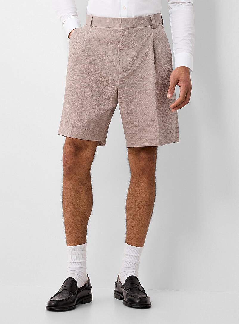 HUGO Taupe Fery pleated seersucker Bermudas for men