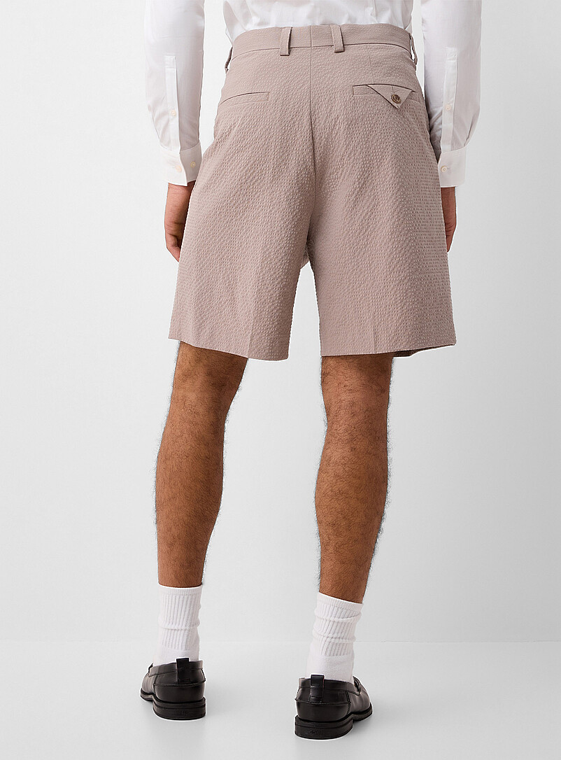 HUGO Taupe Fery pleated seersucker Bermudas for men