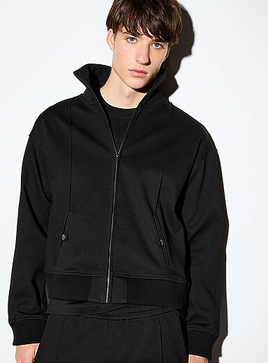 HUGO x entire studios: Le cardigan zipp&eacute; col chemin&eacute;e jersey construit Noir pour homme