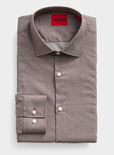 HUGO Taupe Kenno herringbone shirt <b>Slim fit</b> for men