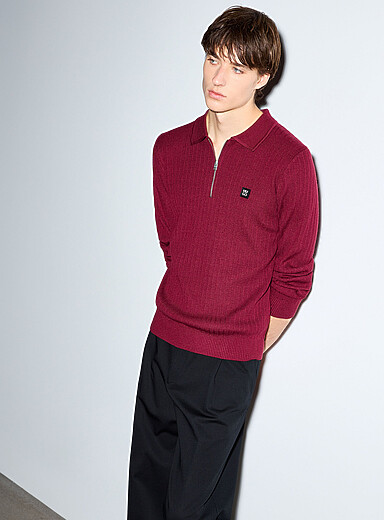 HUGO: Le polo tricot rayures grav&eacute;es Bourgogne pour homme