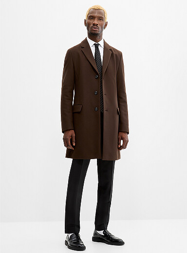 HUGO Brown Migor virgin wool overcoat for men