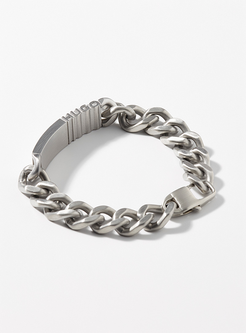HUGO: Le bracelet plaque logo relief Argent pour homme