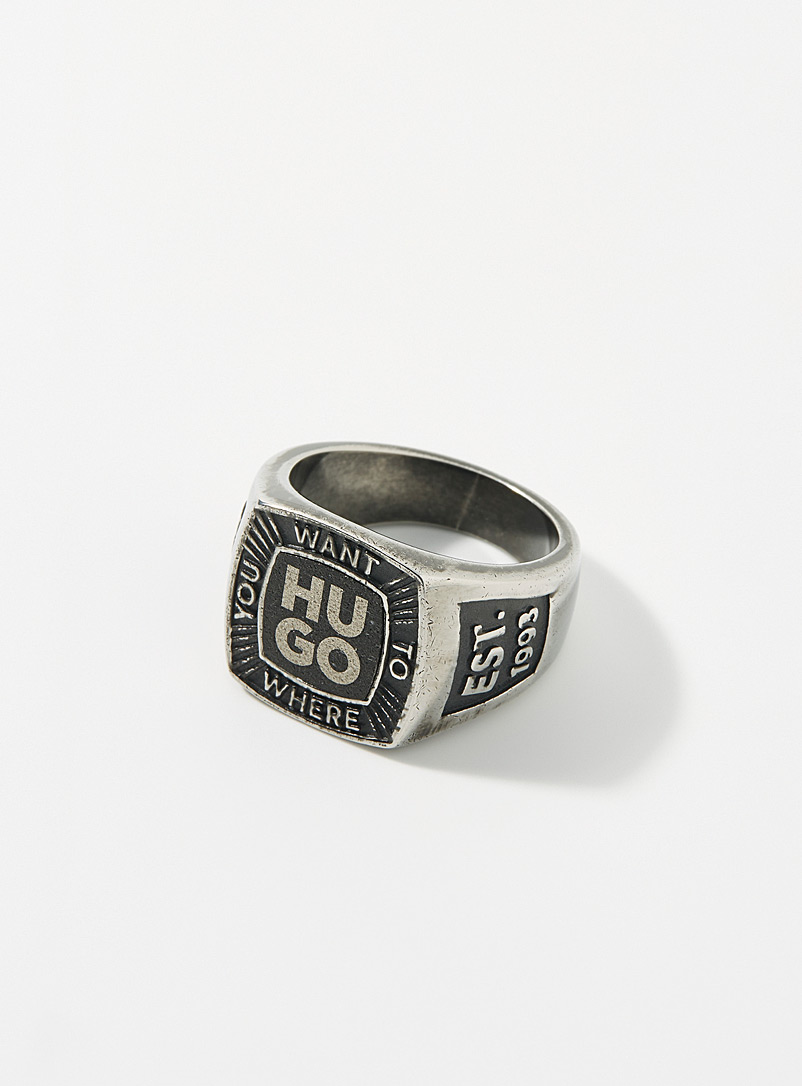 HUGO Silver Embossed logo square signet ring for men