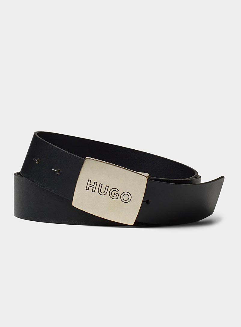 HUGO Black Logo-buckle matte leather belt for men