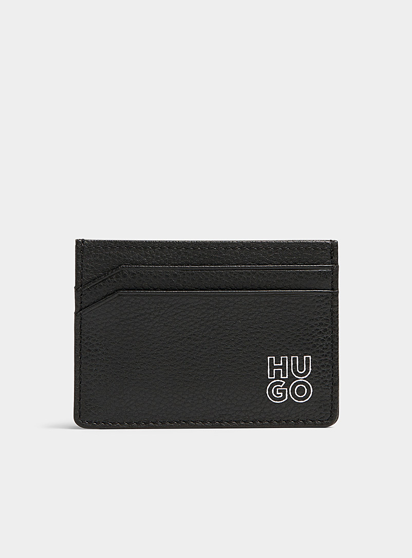 HUGO Black White logo pebbled leather card holder for men