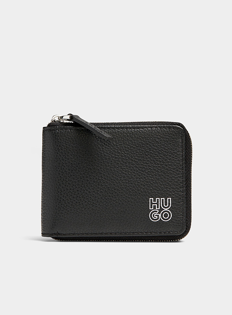 HUGO Black Grained leather logo zip wallet for men