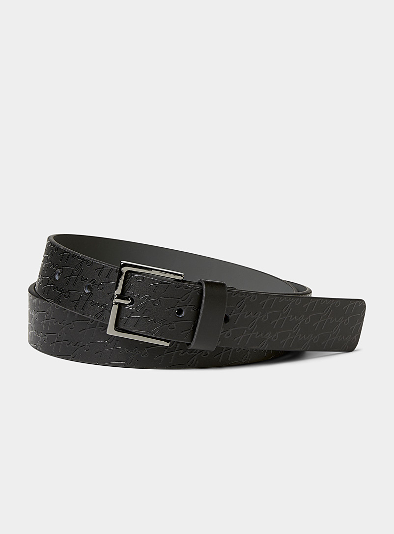 HUGO: La ceinture cuir signature relief Noir pour homme