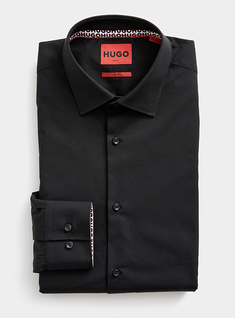 HUGO: La chemise unie revers monogramme Coupe ajustée Noir pour homme