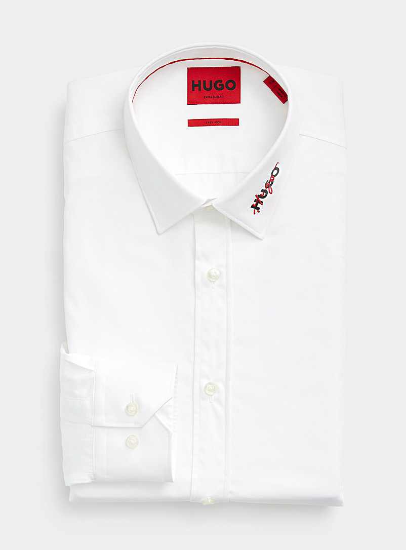 HUGO White Logo-collar white shirt Slim fit for men