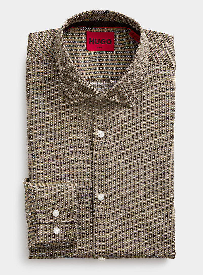 HUGO Light Brown Jacquard geometry shirt Slim fit for men